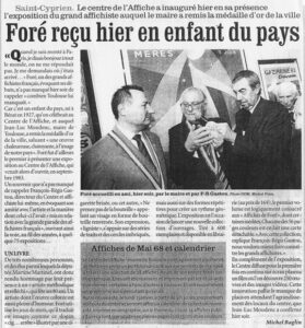 À cette occasion, le maire lui remet la médaille d’or de la ville. Article paru dans “La Dépêche du Midi” du 20 décembre 2007.