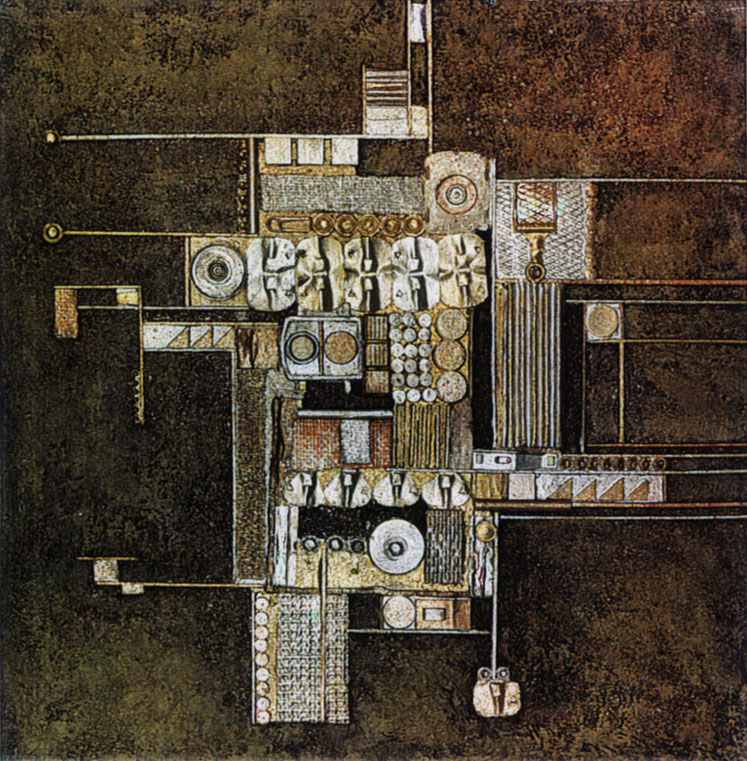 “Le carré de sable”, peinture relief ferraille, bois, sable, monnaie, matière plastique, 56 x 58,5 cm ; Coll. Foré, 1965.