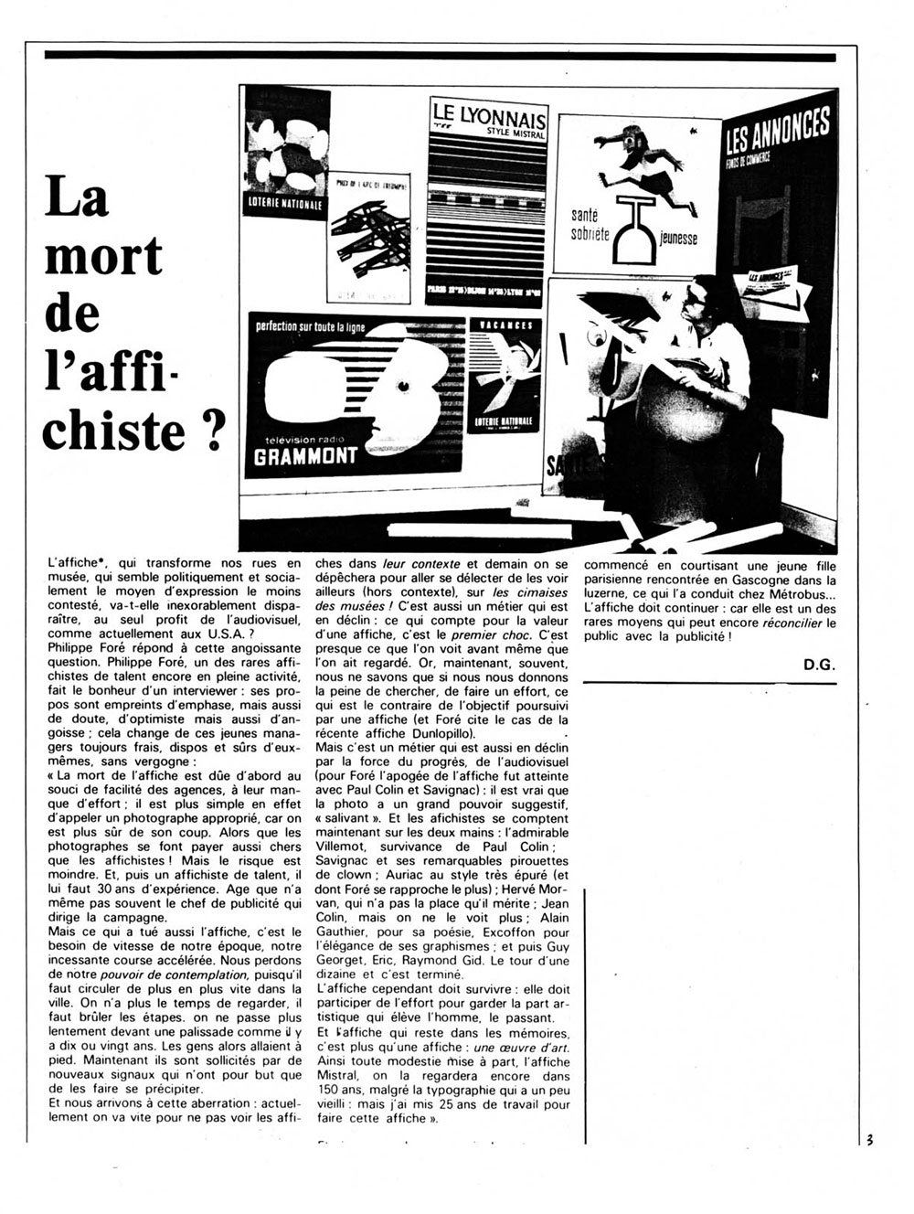 Interview de Foré sur “La mort de l’affichiste”, page 3 de “Publi10, le journal de la publicité”, 1er mars 1977.