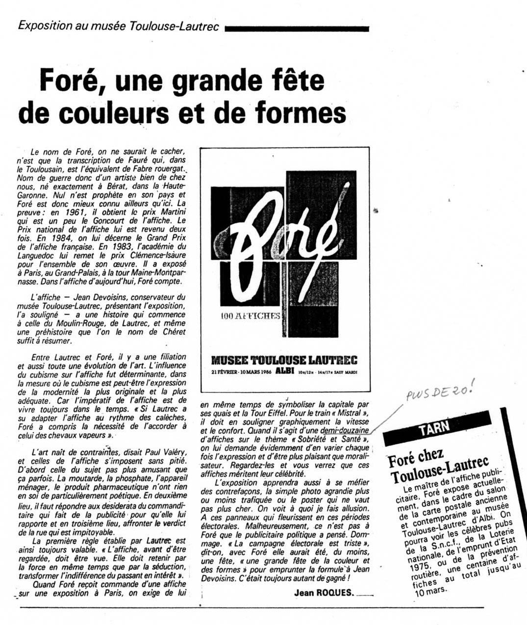 “La dépêche du midi” du 27 février annonce l’exposition de Foré au musée Toulouse-Lautrec, 1986.